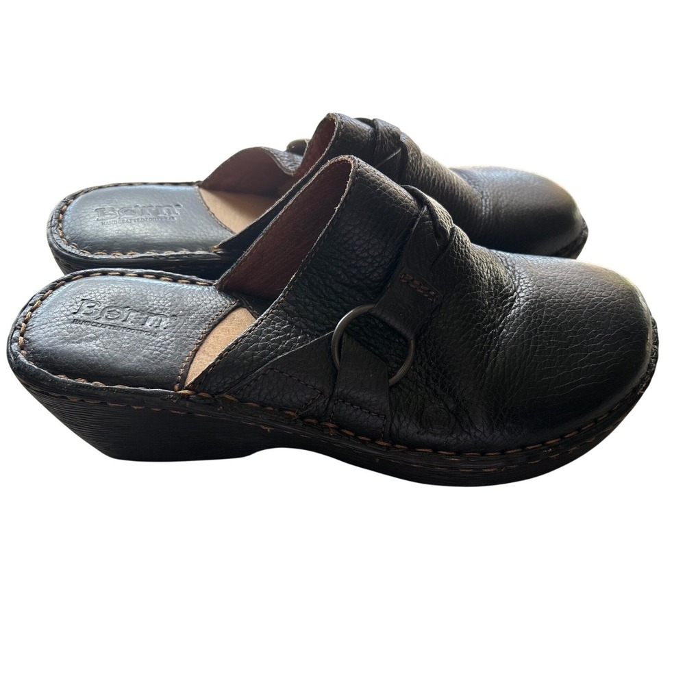 Born Womens 9 Black Pebbled Leather Wedge Clogs Mules Braided Strap  Cottage Y2K